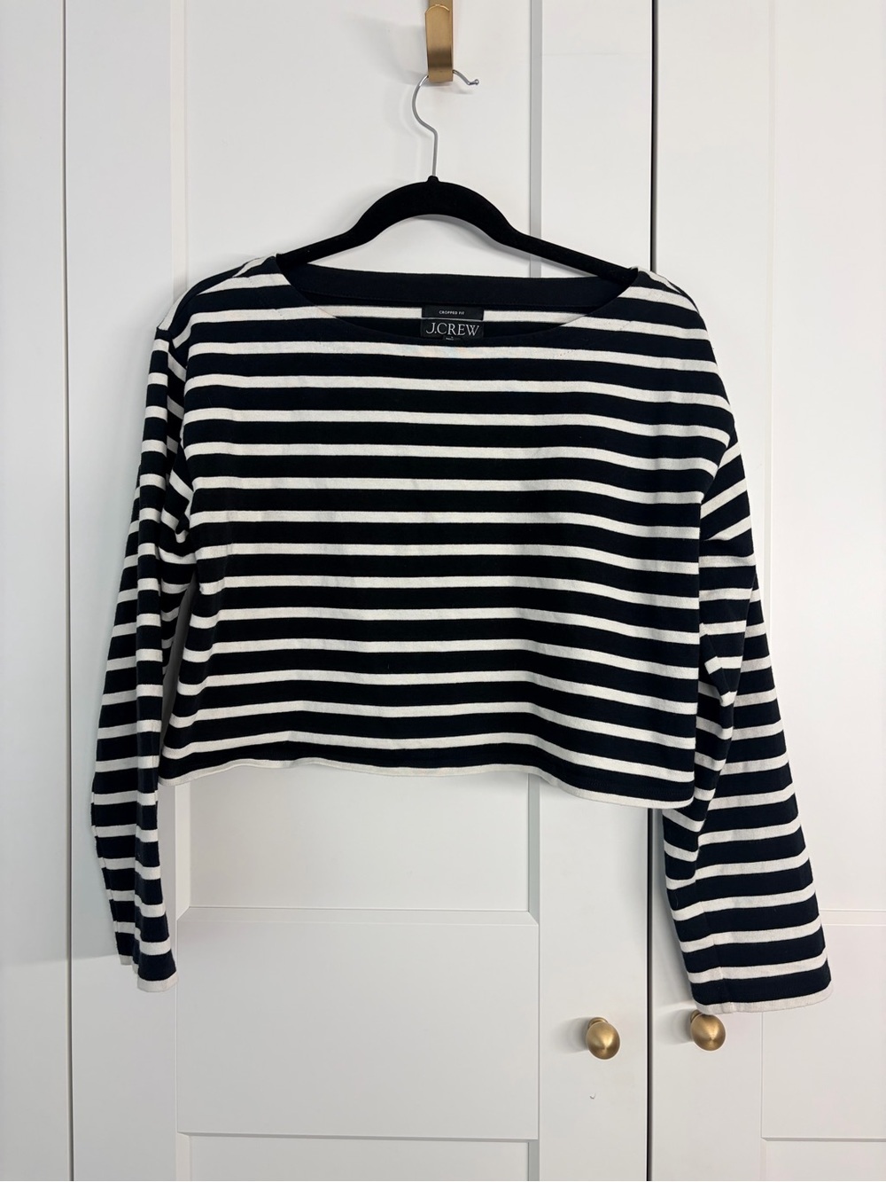 J. Crew Black and White Striped Cropped Fit Long Sleeve Boatneck Top | S